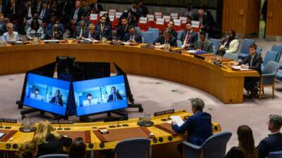 OpenAI CEO Sam Altman speaks during a UN Security Council meeting on AI and international security at UN Headquarters in New York City on September 23, 2026. Tech industry leaders including the CEOs of OpenAI, Anthropic, and Hugging Face briefed ambassadors on the risks of AI.