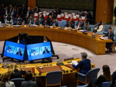 OpenAI CEO Sam Altman speaks during a UN Security Council meeting on AI and international security at UN Headquarters in New York City on September 23, 2026. Tech industry leaders including the CEOs of OpenAI, Anthropic, and Hugging Face briefed ambassadors on the risks of AI.