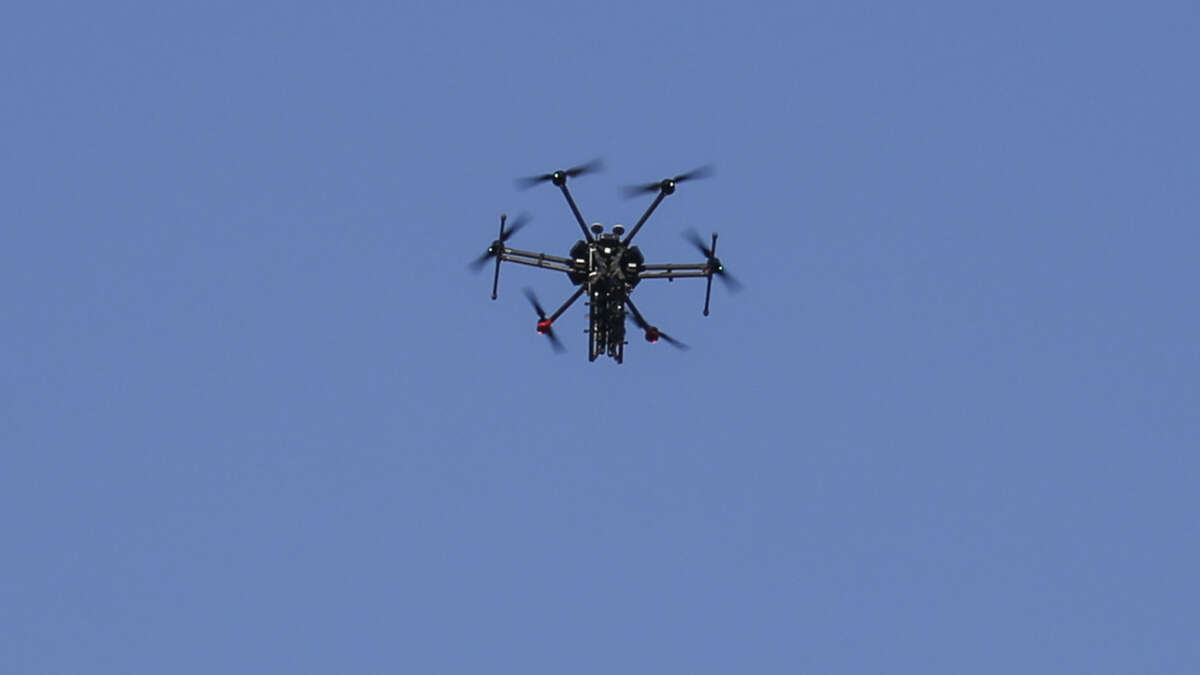 A picture taken on June 5, 2018, shows an Israeli quadcopter drone flying over Palestinian demonstrations near the border with Israel east of Khan Yunis in the southern Gaza.