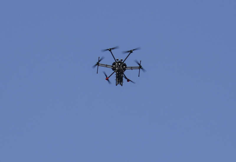 A picture taken on June 5, 2018, shows an Israeli quadcopter drone flying over Palestinian demonstrations near the border with Israel east of Khan Yunis in the southern Gaza.