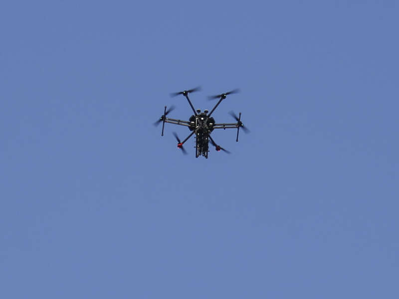 A picture taken on June 5, 2018, shows an Israeli quadcopter drone flying over Palestinian demonstrations near the border with Israel east of Khan Yunis in the southern Gaza.