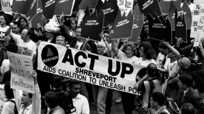 Members of ACT UP Shreveport protest on the campus of the National Institutes of Health in Bethesda, Maryland, taking part in a national ACT UP “Storm the NIH” protest on May 21, 1990.