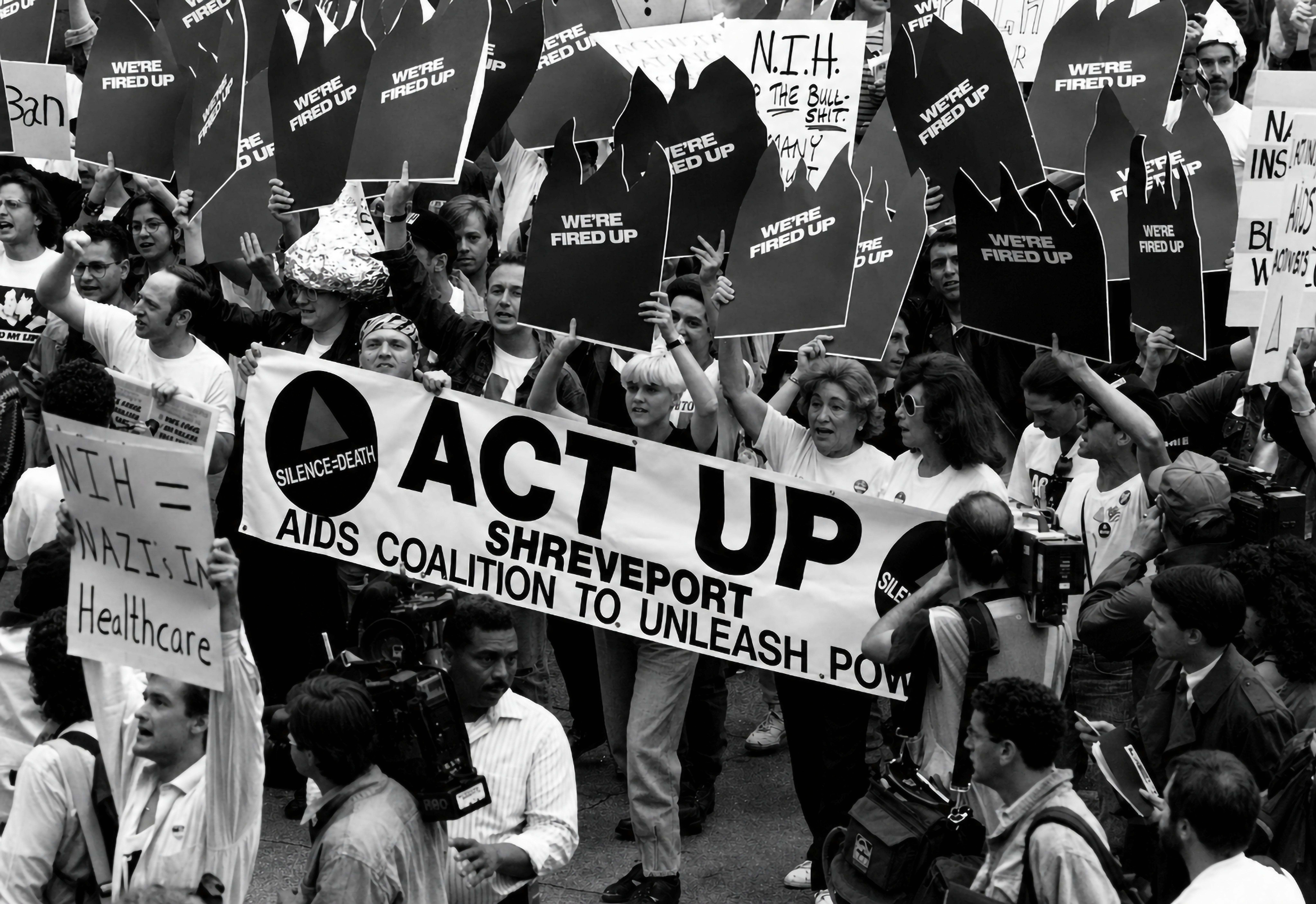 Members of ACT UP Shreveport protest on the campus of the National Institutes of Health in Bethesda, Maryland, taking part in a national ACT UP “Storm the NIH” protest on May 21, 1990.