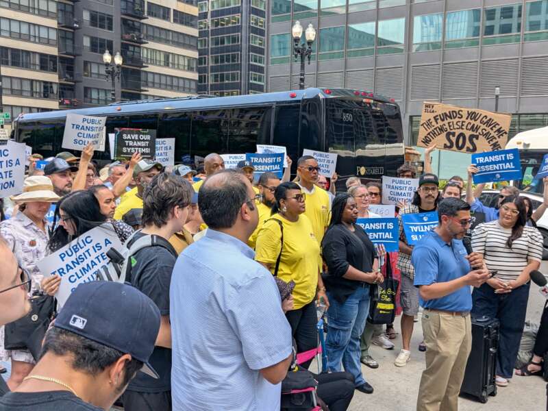 Demonstrators participate in a public transit rally on June 26, 2025, with the Illinois Clean Jobs Coalition and the Labor Alliance for Public Transit.