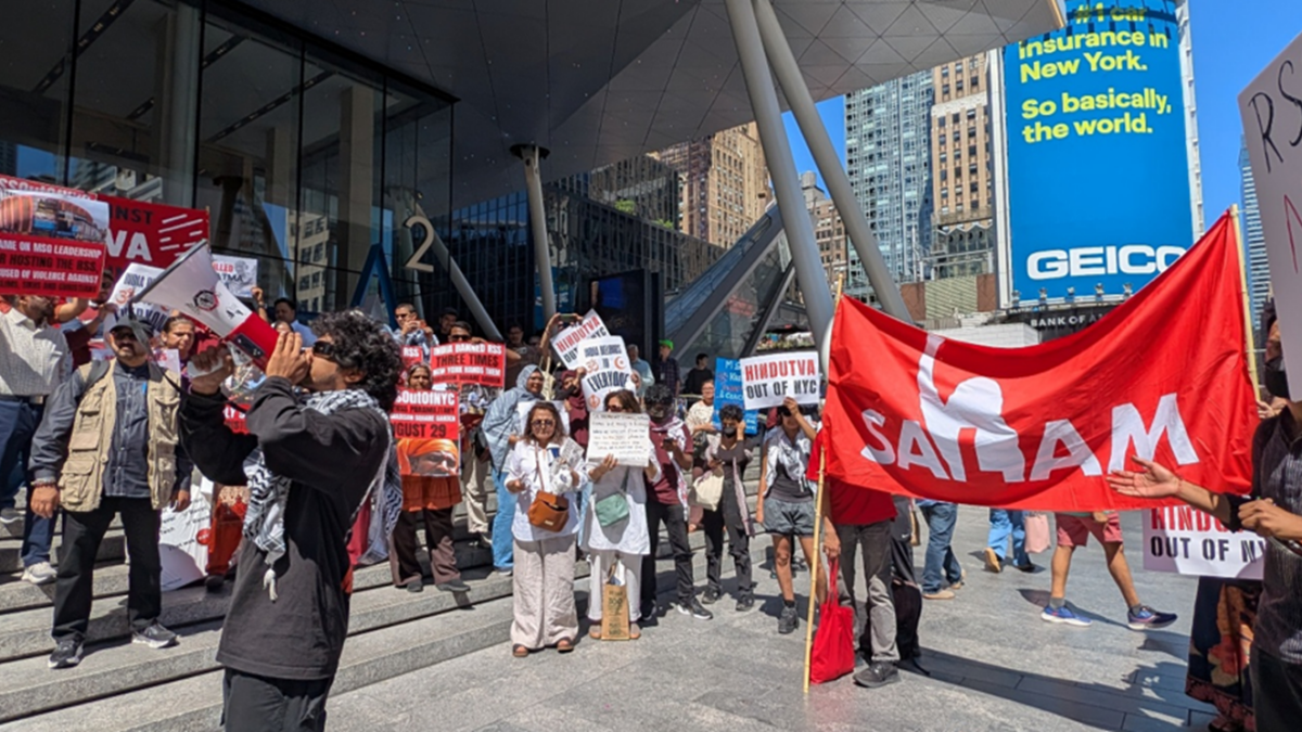 New Yorkers rally outside of Madison Square Garden to condemn Mohan Bhagwat and the RSS on August 29, 2026.
