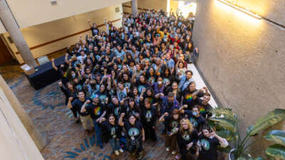 Starbucks Workers United members pose for a photo.