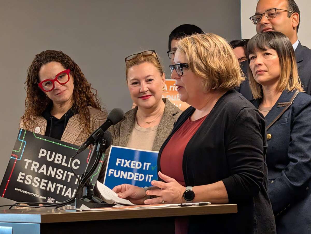 Amy Rynell speaks at a press conference on November 4, 2025, after the transit bill passed.