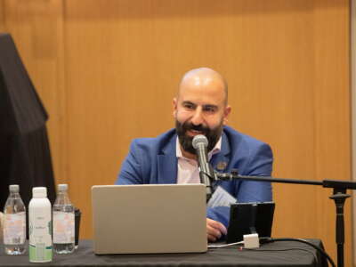 Jalal Shehadeh speaks at the Palestinian American Bar Association's national conference in Reston, Virginia, in October 2025.