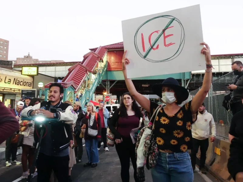 Protesters converge on West 225th Street in Marble Hill after a person was shot by federal officers in New York City, on October 8, 2026.