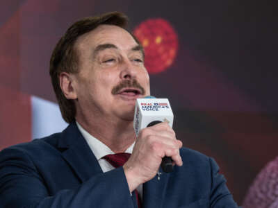 Mike Lindell speaks on Real America's Voice during day 2 of Conservative Political Action Conference at the Gaylord Texan Resort and Convention Center in Grapevine, Texas, on March 27, 2026.