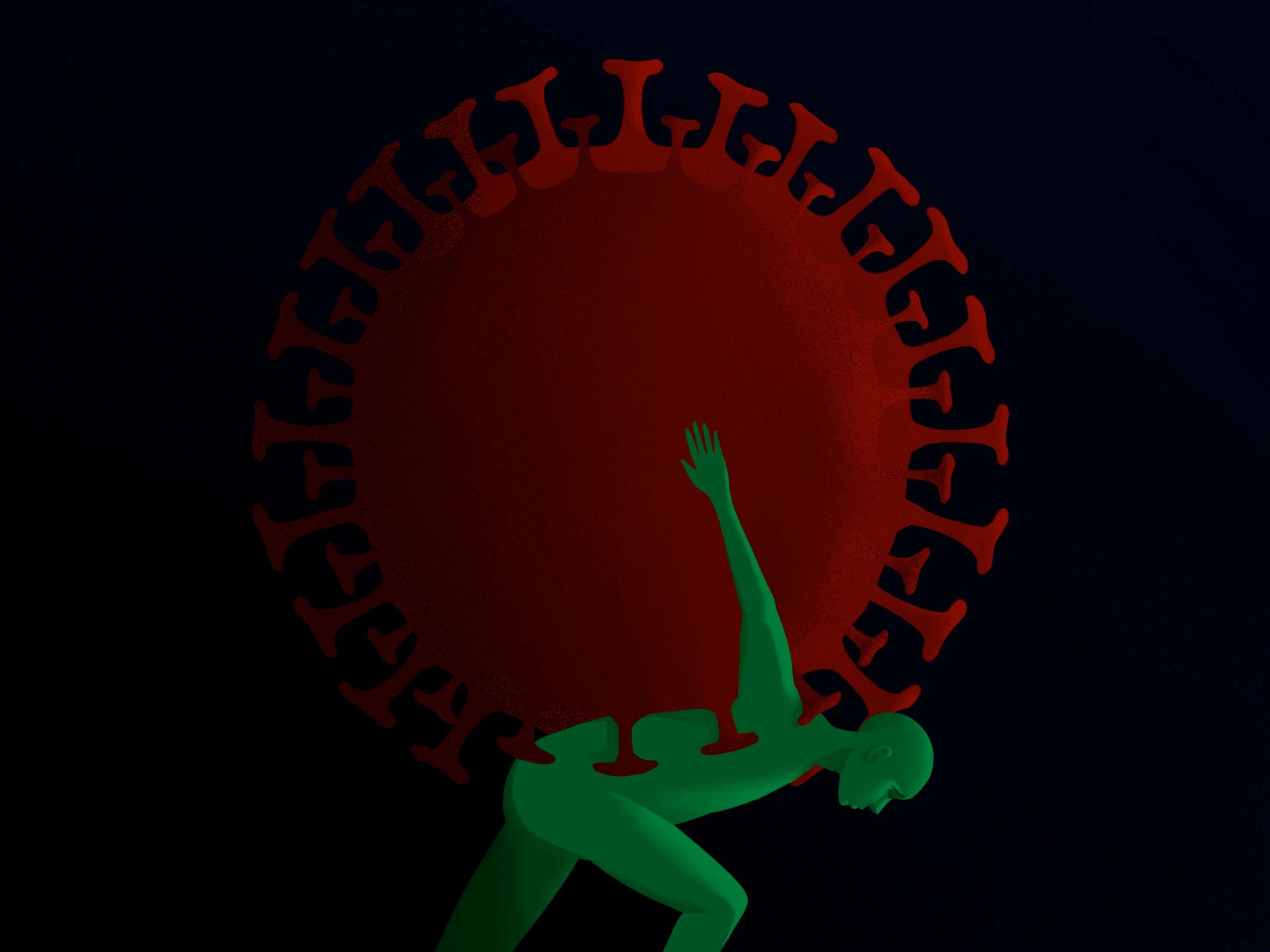 Illustration of a figure carrying a COVID-19 molecule the size of a boulder on their back.