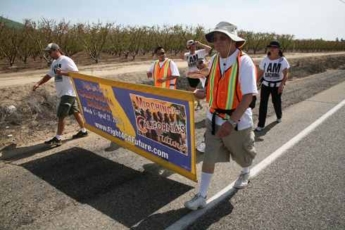 Teachers, students and public workers walk through the southern San Joaquin during their 260-mile, 48-day march from Bakersfield to Sacramento.