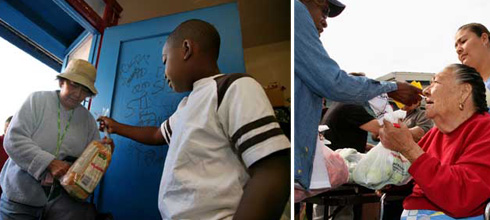 Patrons of a food pantry in Oakland. Photos by David Bacon.