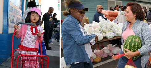 Patrons of a food pantry in Oakland. Photos by David Bacon.