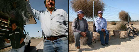 Francisco Villa operates a lunch truck visiting an area where migrant day laborers live. Zaragosa Brito and Andres Roman Diaz, two migrant farm workers, sit next to a fence where workers look for day labor. Photos by David Bacon.