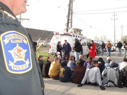 The Broadview police approach the protesters.