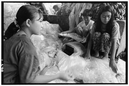 San Jose Campostela, Mindanao, Philippines - Girley Pilones, 11, and Judith Sanchez, 17, flatten out plastic pieces used to separate banana bunches in the packing shed of Soyapa Farms, which sells bananas to Dole. They work before and after school, and on weekends, for about 50 pesos ($1) a day.