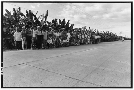 Strikers from the Diamond Farms banana plantation line the  road outside the farm, after having  been expelled by Dole Co. guards, despite the fact that, as a result of land  reform, the strikers supposedly own the plantation.