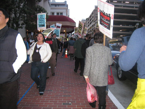 Picketers urging a boycott at the Grand Hyatt in downtown San  Francisco.