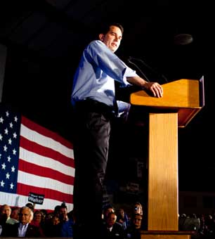 Wisconsin Gov. Scott Walker speaks during his election-night rally at the Waukesha Expo Center in Waukesha, Wisconsin, June 5, 2012. (Photo: Narayan Mahon / The New York times)