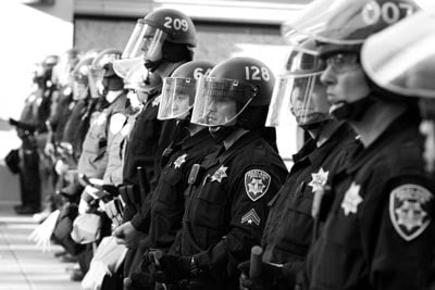 A line of police during the riots in Oakland, California, July 2010.