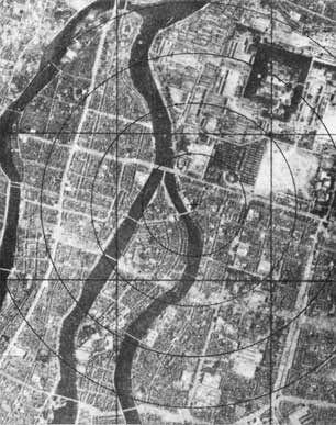 Hiroshima before bombing. Area around ground zero. 1,000 foot circles.