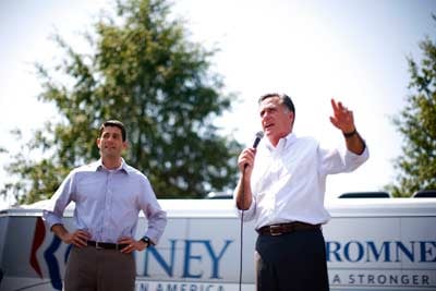 Republican presidential candidate Mitt Romney and vice presidential candidate US Rep. Paul Ryan (R-Wisconsin) attend a campaign rally at the NASCAR Technical Institute in Mooresville, North Carolina, on August 12, 2012. (Photo: Eric Thayer/ The New York Times Syndicate)