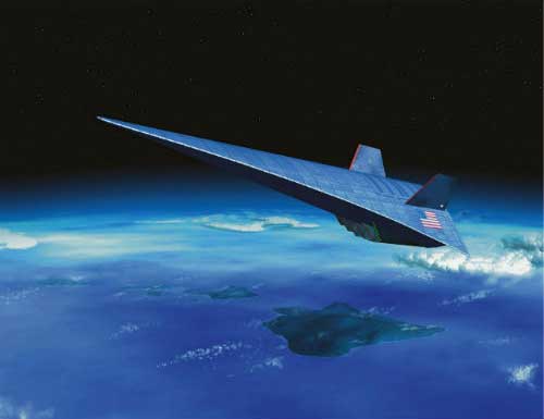 Artist's conception, circa 2008, of the U.S. Falcon Hypersonic Cruise Vehicle, an unmanned aircraft that will fly at an altitude of twenty miles and destroy targets almost anywhere in the world within an hour. (Image:: Defense Advanced Research)