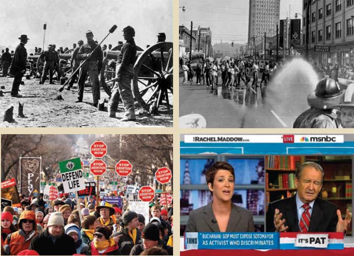 Clockwise from top left: Troops prepare for combat; the Battle of Montgomery; two leading figures in the ongoing propaganda war; Confederate forces descend on Washington.