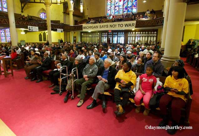 An overflow crowd attended the 10th. annual celebration of MLK. The event was first organized in 2004 as a response to the imperial advances in Iraq and Afghanistan, calling for the fortunes funneled to be re-directed into reconstructing decaying cities and instituting just social policies.