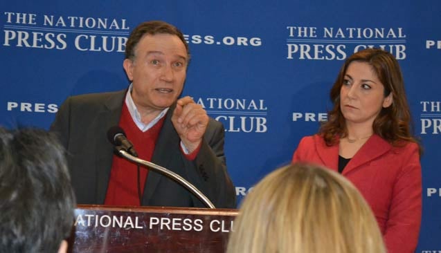 Haytham Manna, a longtime human rights activist living in Paris and representative of the Syrian Civil Democratic Alliance addressed the National Press Club in Washington DC on March 20. (Photo: Sam Knight)