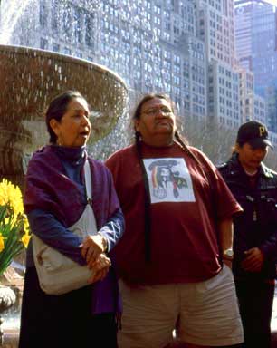 Charmaine White Face addresses supporters before marching to the United Nations, April 9, 2013. (Photo: Victoria Law)