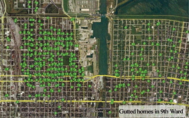 Dots-graphic of houses gutted by CGR in the Upper and Lower 9th Wards, 2006. (Photo: Common Ground).