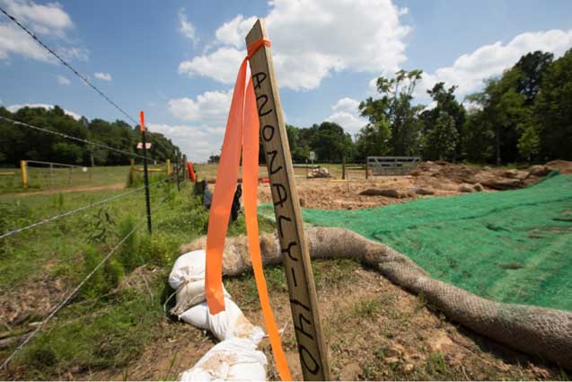 A stake marks the stop where an anomaly was found on Curly Choices land in the Waters Bluff community in Smith County. (Photo: ©2013 Julie Dermansky)
