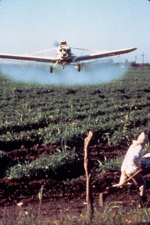 Spraying agricultural pesticides, unknown place. (Photo: Greenpeace)