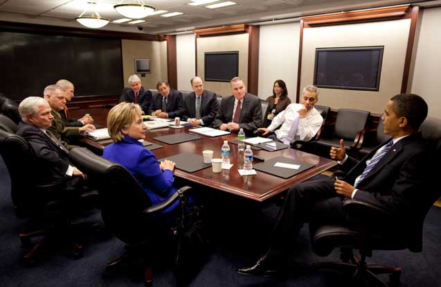 A March 2009 meeting of the United States National Security Council in the Situation Room.