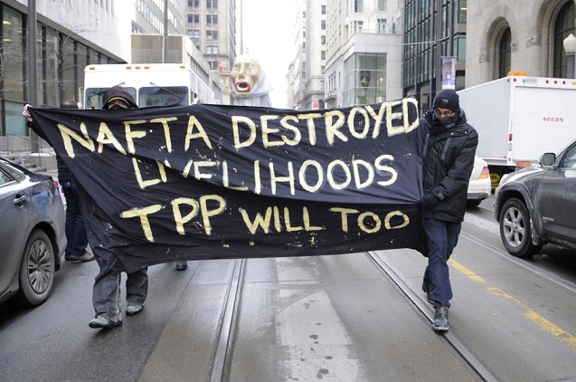 Protest against the proposed TPP trade agreement and NAFTA, January 31, 2014, in Toronto, Canada. (Photo<a href=