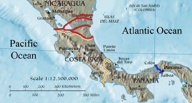 Nicaragua Canal, proposed routes.