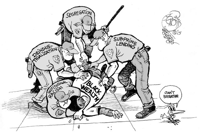 Suffocating Black Wealth, an OtherWords cartoon by Khalil Bendib.