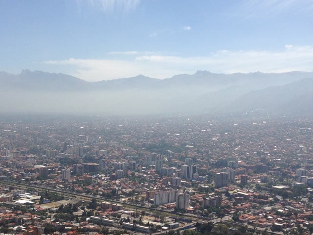 The highly visible haze of air pollution from cars and industry in the bowl of Cochabamba has been compared unfavorably to air pollution in China. (Photo: Chris Williams)