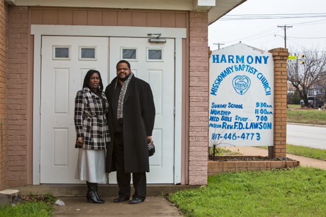 Tonya Rochelle Tatum and Kyev Tatum outside the Harmony Missionary Baptist Church. (Photo: ©2015 Julie Dermansky)