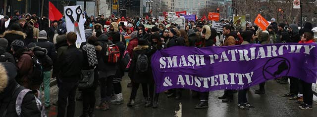 International Women’s Day 2015 in Montreal, led by low-wage migrant domestic workers and student unions. (Photo: Jonathan Leavitt)