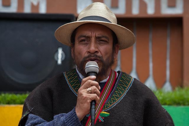 Rigoberto Juárez, a Community leader, coordinator for the Plural-National government of northern Huehuetenango and now political prisoner, addresses a crowd in Santa Eulalia, Huehuetenango. (Photo: Jeff Abbott)