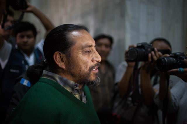 Rigoberto Juárez, a Community leader, coordinator for the Plural-National government of northern Huehuetenango and now political prisoner, addresses journalists after a preliminary court hearing - 10, April 2015. (Photo: Jeff Abbott)