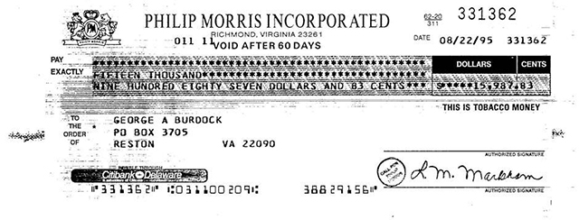 	  A check from Philip Morris Incorporated to George Burdock in 1995. (Image: Legacy Tobacco Documents Library/ University of California, San Francisco)