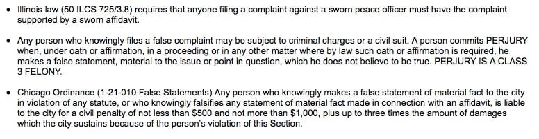 Screenshot of the Chicago Police complaint portal.