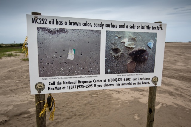 Tar ball warning sign on Elmer’s Island. (Photo: Julie Dermansky)