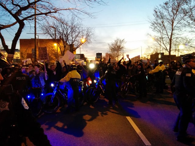 Police fail to contain the crowd as the march spills out into the street Tuesday night on Chicago’s South Side. (Photo: Kelly Hayes)