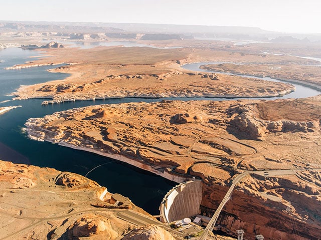 The Glen Canyon Dam holds back Lake Powell, the second-largest water reserve in the U.S. Some have suggested that taking down the dam might improve water supplies in the West. (Photo: Michael Friberg / ProPublica)