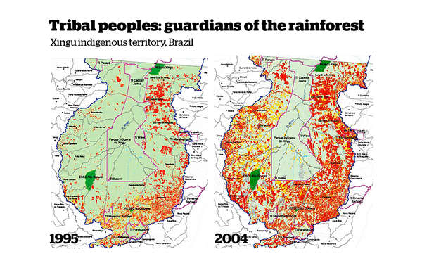The Xingu indigenous park (outlined in pink) is home to several tribes. It provides a vital barrier to deforestation (in red) in the Brazilian Amazon. (Photo: Instituto Socioambiental)